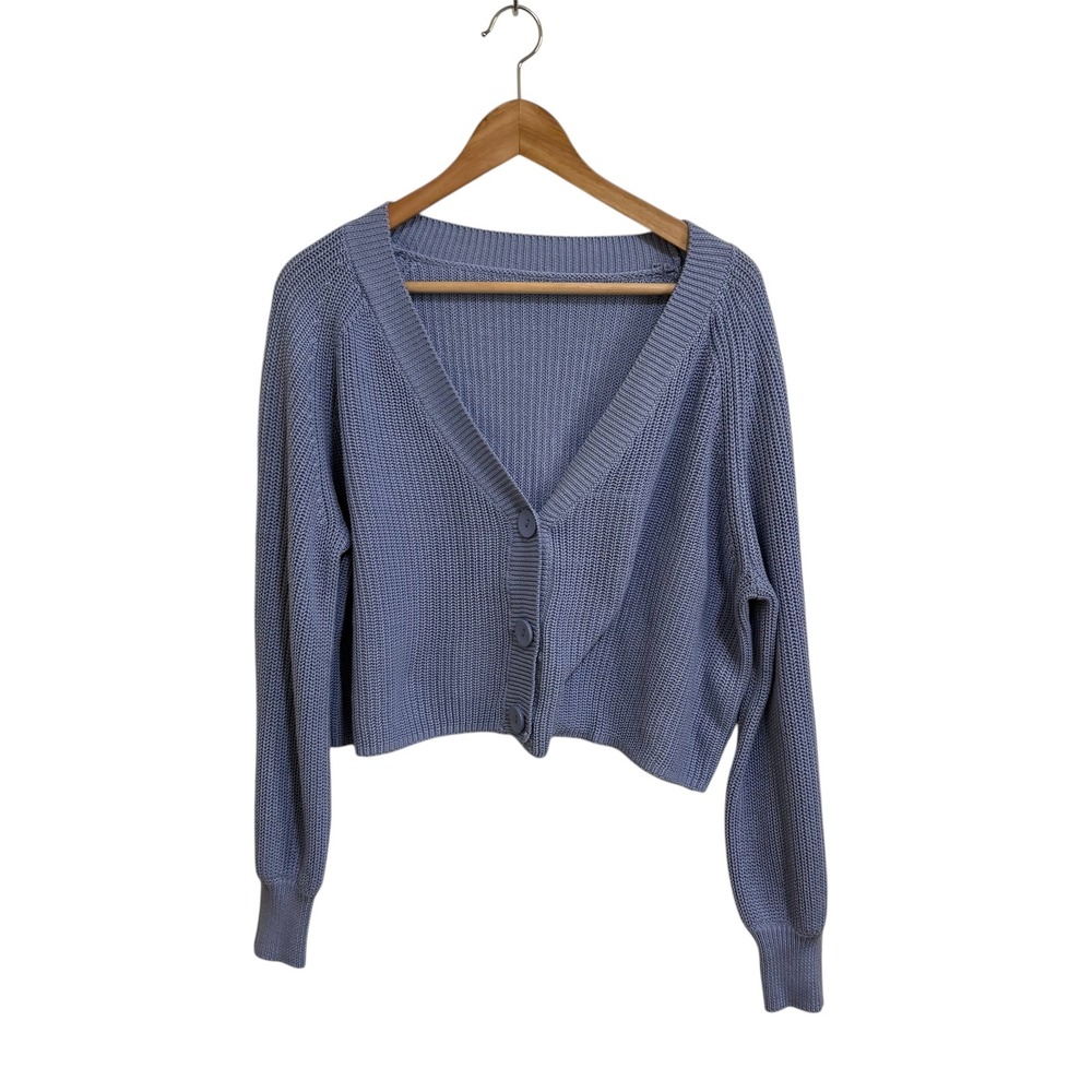 DAZY Blue Knit‎ Cropped Cardigan Sweater Womens Button Down Long Sleeve
